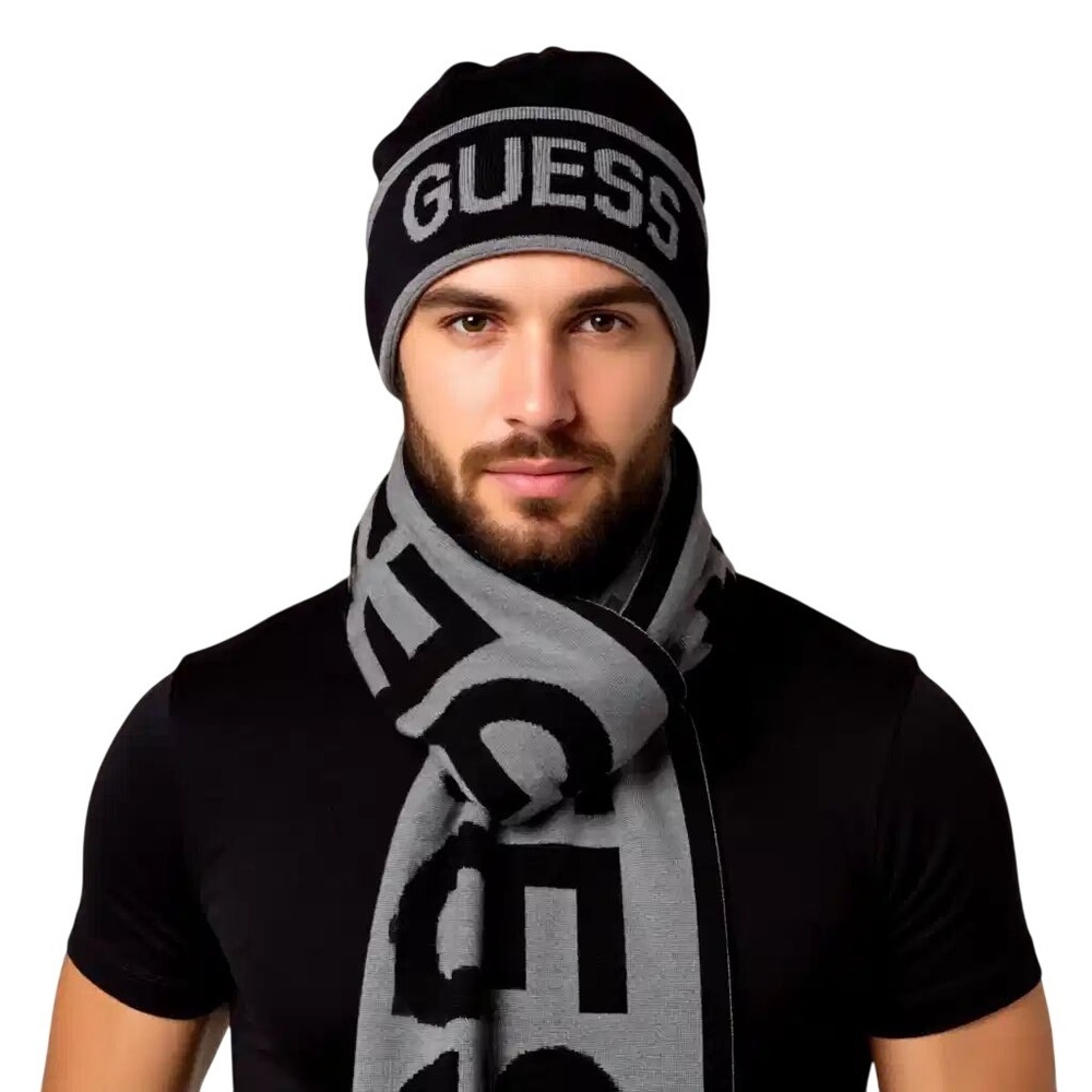 GUESS Mens Beanie and Scarf Set Black Grey Logo Knit Winter 2-Piece Gift Box NIB